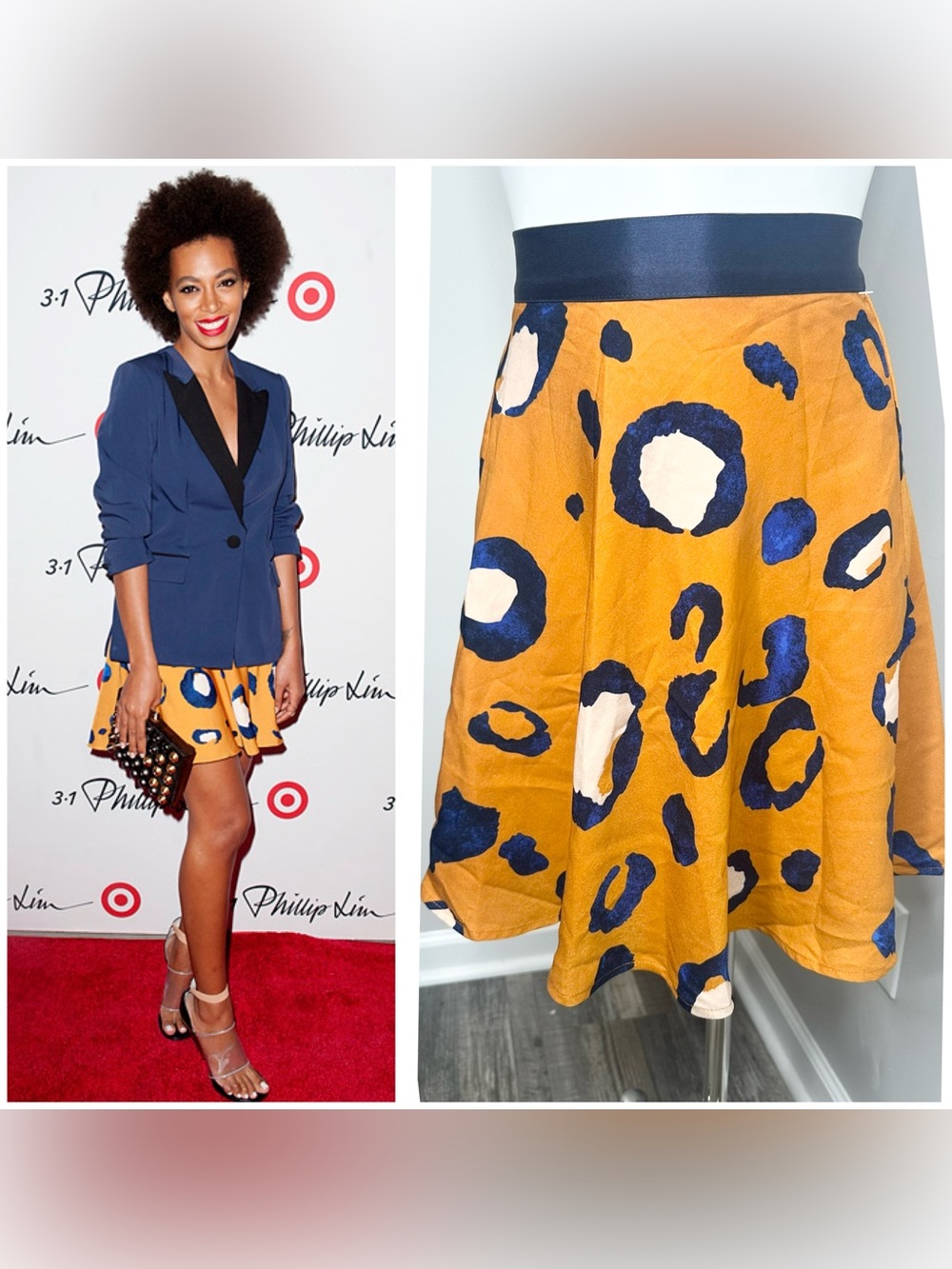 3.1 Phillip Lim Mustard & Navy Circle-Print Skater Skirt-10